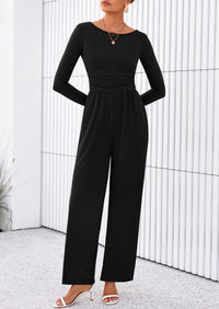 PRETTYGARDEN One Piece Jumpsuits for Women Dressy Casual Long Sleeve Crewneck Wide Leg Romper Overalls Spring Outfits