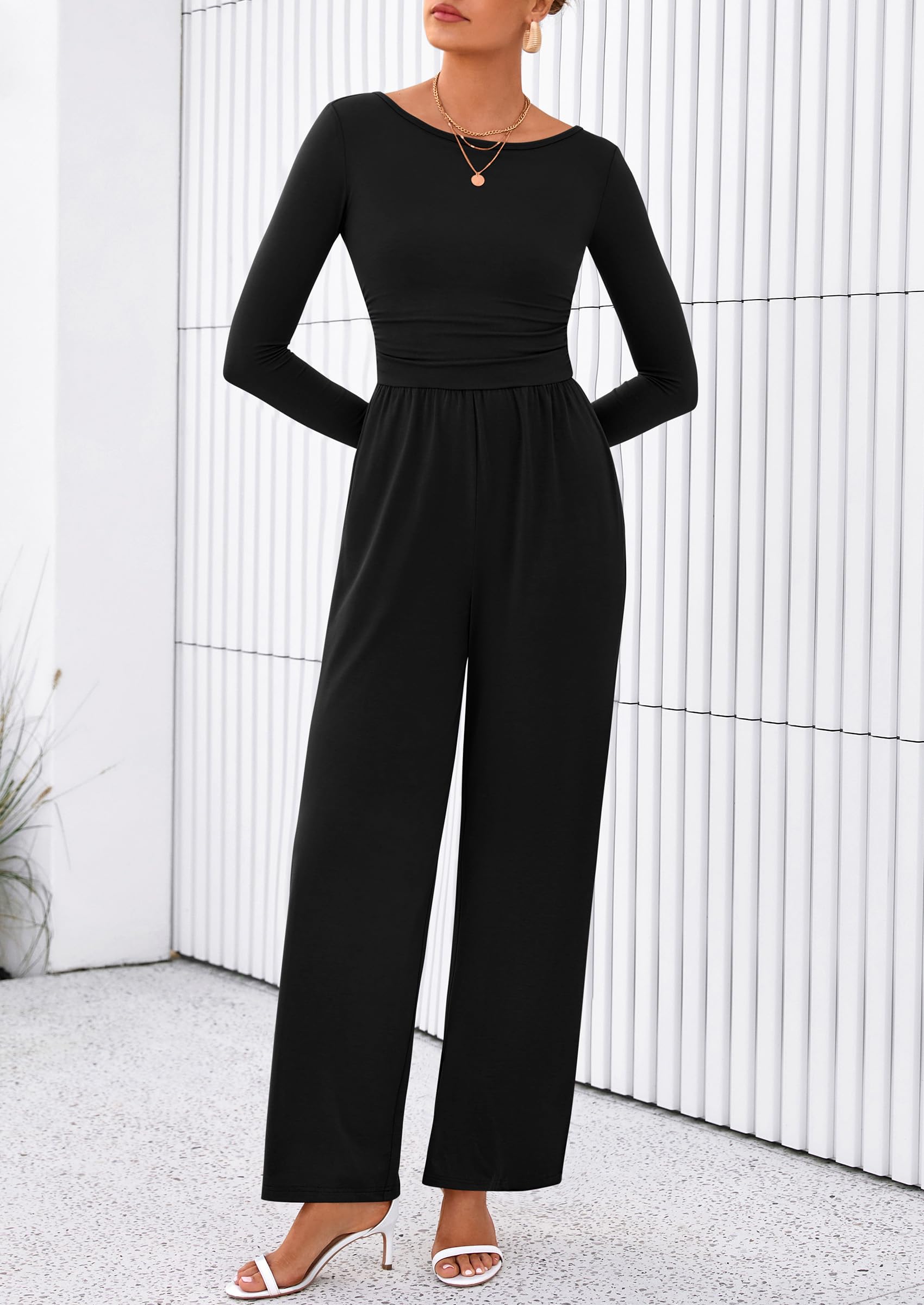 PRETTYGARDEN One Piece Jumpsuits for Women Dressy Casual Long Sleeve Crewneck Wide Leg Romper Overalls Spring Outfits