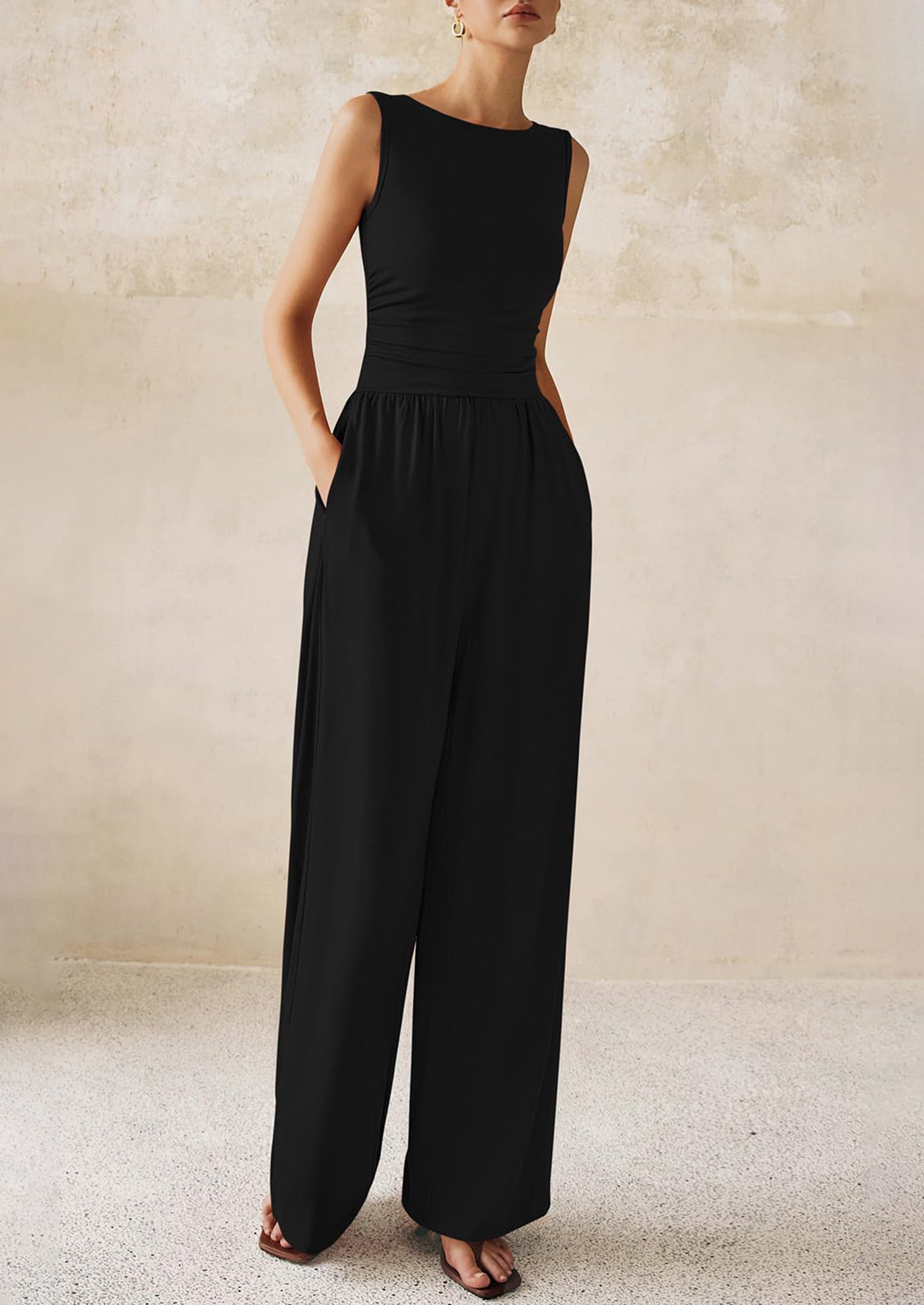 PRETTYGARDEN One Piece Jumpsuits for Women Dressy Casual Sleeveless Crewneck Wide Leg Rompers Jumpers Vacation Summer Outfits