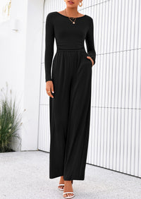 PRETTYGARDEN One Piece Jumpsuits for Women Dressy Casual Long Sleeve Crewneck Wide Leg Romper Overalls Spring Outfits