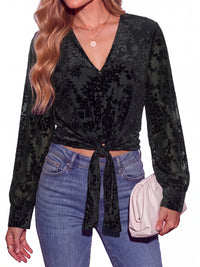 PRETTYGARDEN Women Double Lined Long Sleeve Shirts Tie Knot Front Crop Tops Sheer Sleeves, Velvet Jacquard Floral, Delicate Decorate Button, Classic V Neck, Elegant Dressy Blouses, Casual Fall Outfits