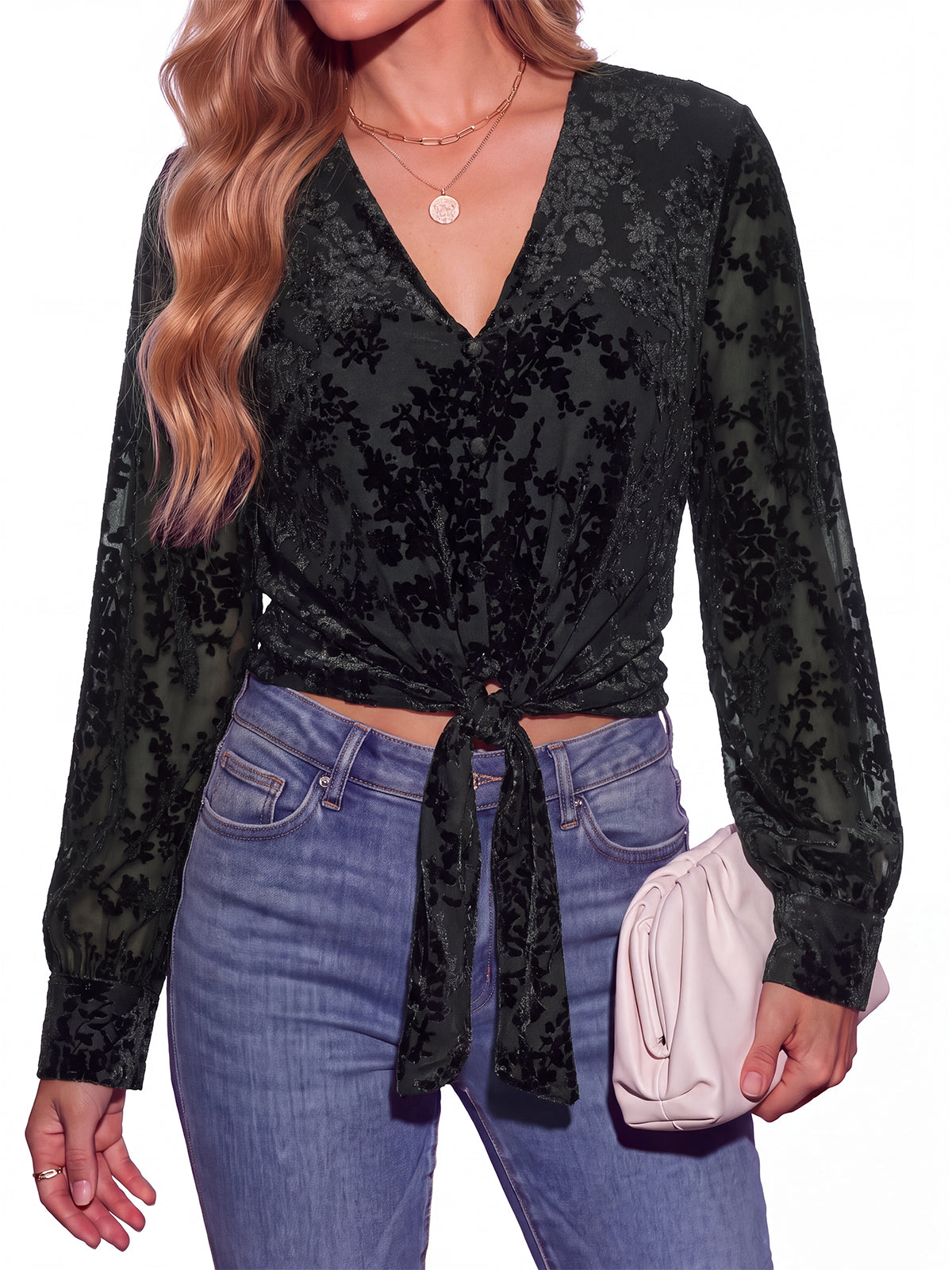 PRETTYGARDEN Women Double Lined Long Sleeve Shirts Tie Knot Front Crop Tops Sheer Sleeves, Velvet Jacquard Floral, Delicate Decorate Button, Classic V Neck, Elegant Dressy Blouses, Casual Fall Outfits