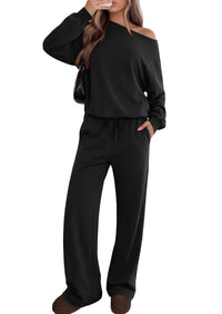 PRETTYGARDEN Womens 2 Piece Casual Matching Lounge Sets  Fashion Off the Shoulder Sweatshirt, Wide Leg Pants with Pockets, Comfy Airport Travel Outfit, 2026 Trendy Fall Set