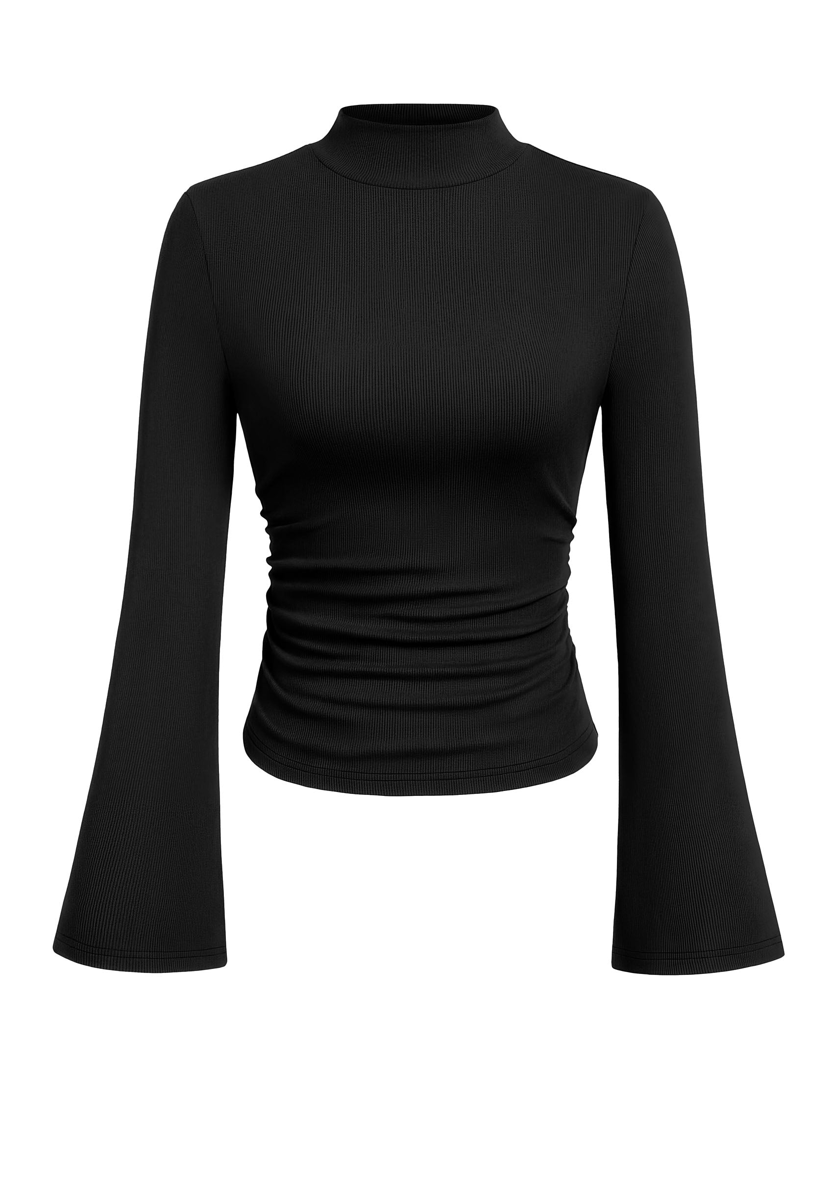 PRETTYGARDEN Womens Long Sleeve Shirts 2026 Fall Bell Sleeves Mock Turtleneck Ribbed Going Out Tops Casual Ruched Y2K Clothes