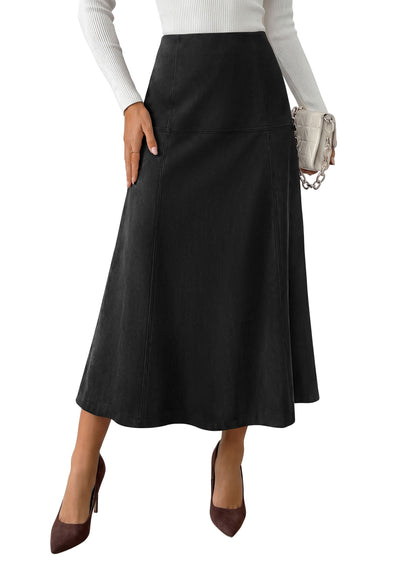 PRETTYGARDEN Womens High Waist Faux Suede A Line Midi Skirt | Hidden Stretch Elastic Waist, Front Back Panel Stitching, Vintage Elegant Mid-Calf Long Skirts for Fall Winter Office Daily