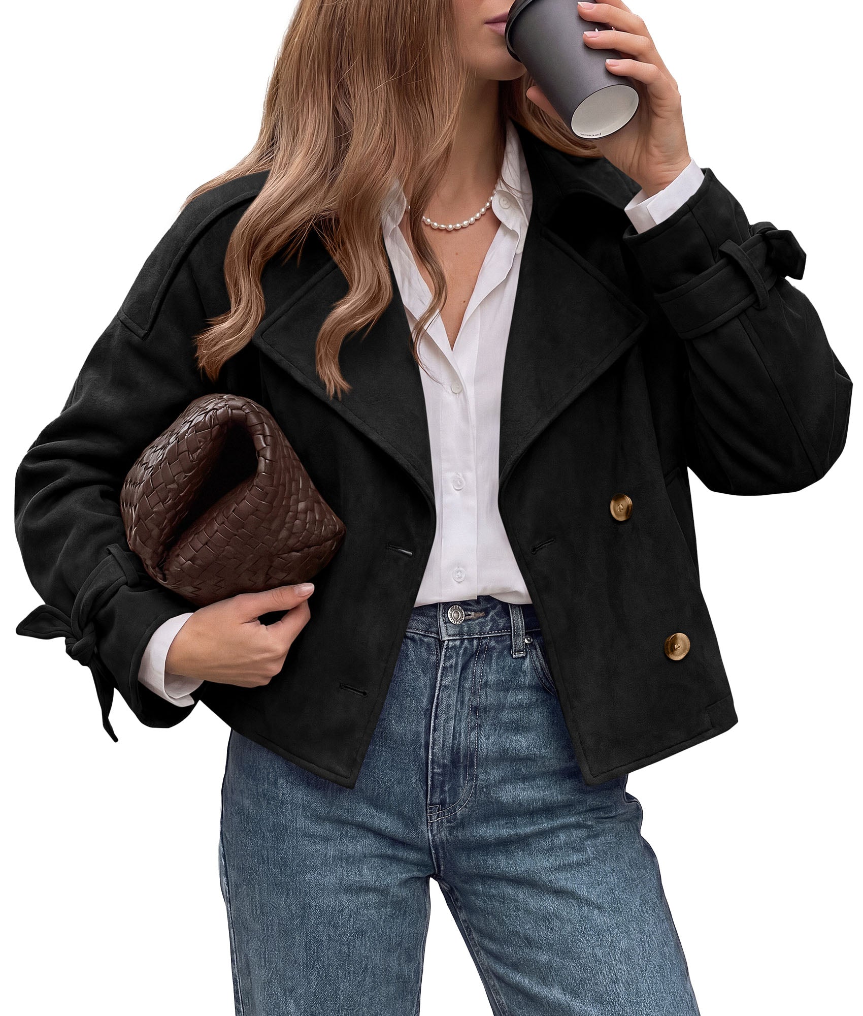 PRETTYGARDEN Women Faux Suede Double Breasted Trench Coat Cropped Jackets  Raglan Long Sleeve,Lapel,Tie Cuff,Button Down,Fall Fashion Outerwear,Winter Clothes,Work Office Casual Short Jacket