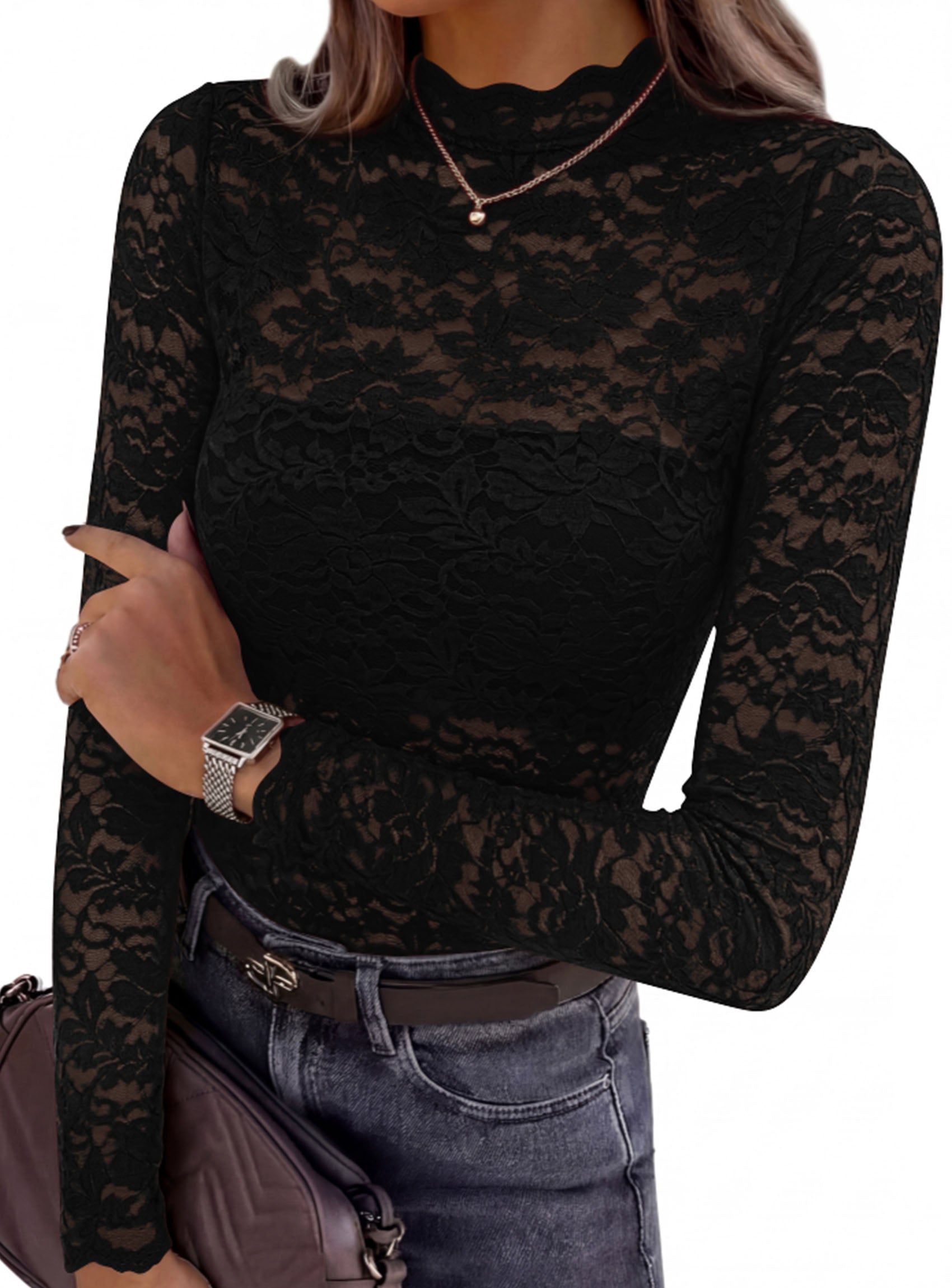 PRETTYGARDEN Womens Lace Long Sleeve Top Mesh Sheer Blouses Mock Neck See Through Slim Fitted Tops 2026 Fall Fashion Clothes