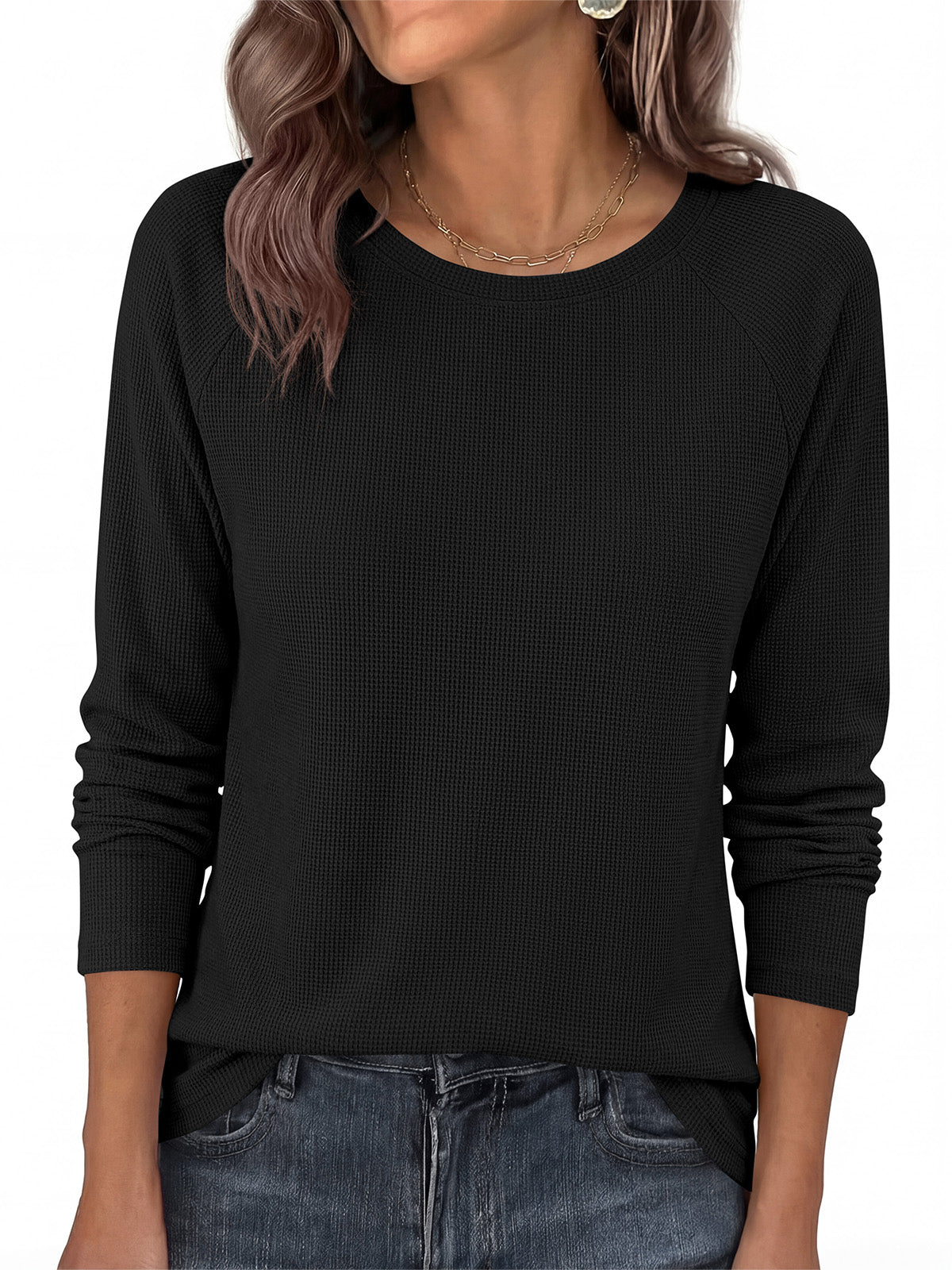 PRETTYGARDEN Womens Long Sleeve Shirts Waffle Knit Lightweight Fall Tops | Crewneck Loose Fit Curvy Hem Pullover Top, Soft Comfy Cute Tee Shirt, Dressy Casual Office Work Outfits, Fashion Clothing