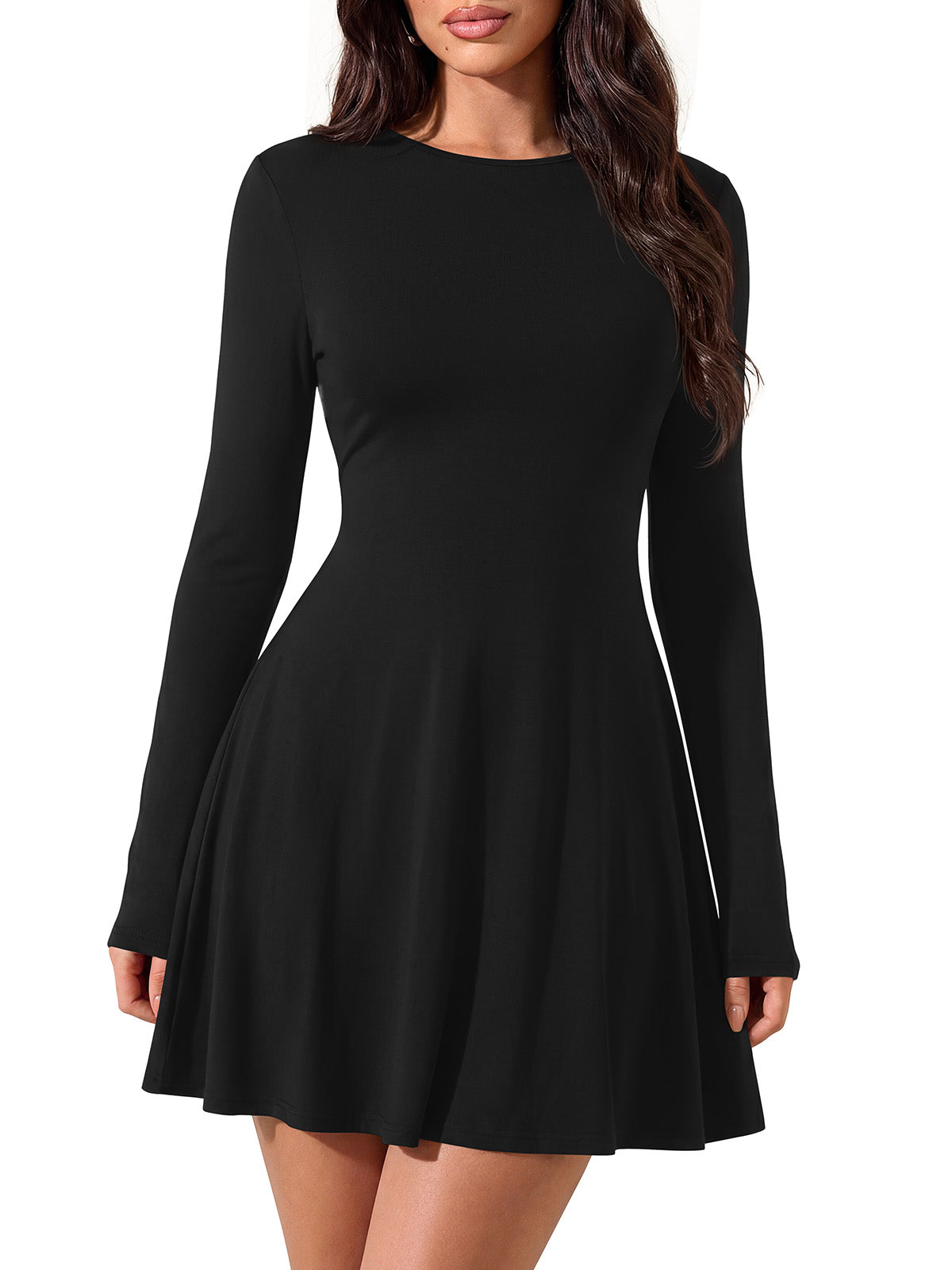 PRETTYGARDEN Womens Fall Mini Dress 2026 Crewneck Long Sleeve Tie Back Waist A Line Flowy Casual Dresses Fashion Outfits