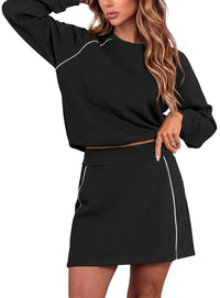 PRETTYGARDEN Women's Two Piece Outfits Matching Skirt Sets | Color Block Long Sleeve Top Sweatshirt, Mini Short Skirts, Elastic Waist Skorts Pocket, 2pc Workout Set, Fall Fashion Clothes