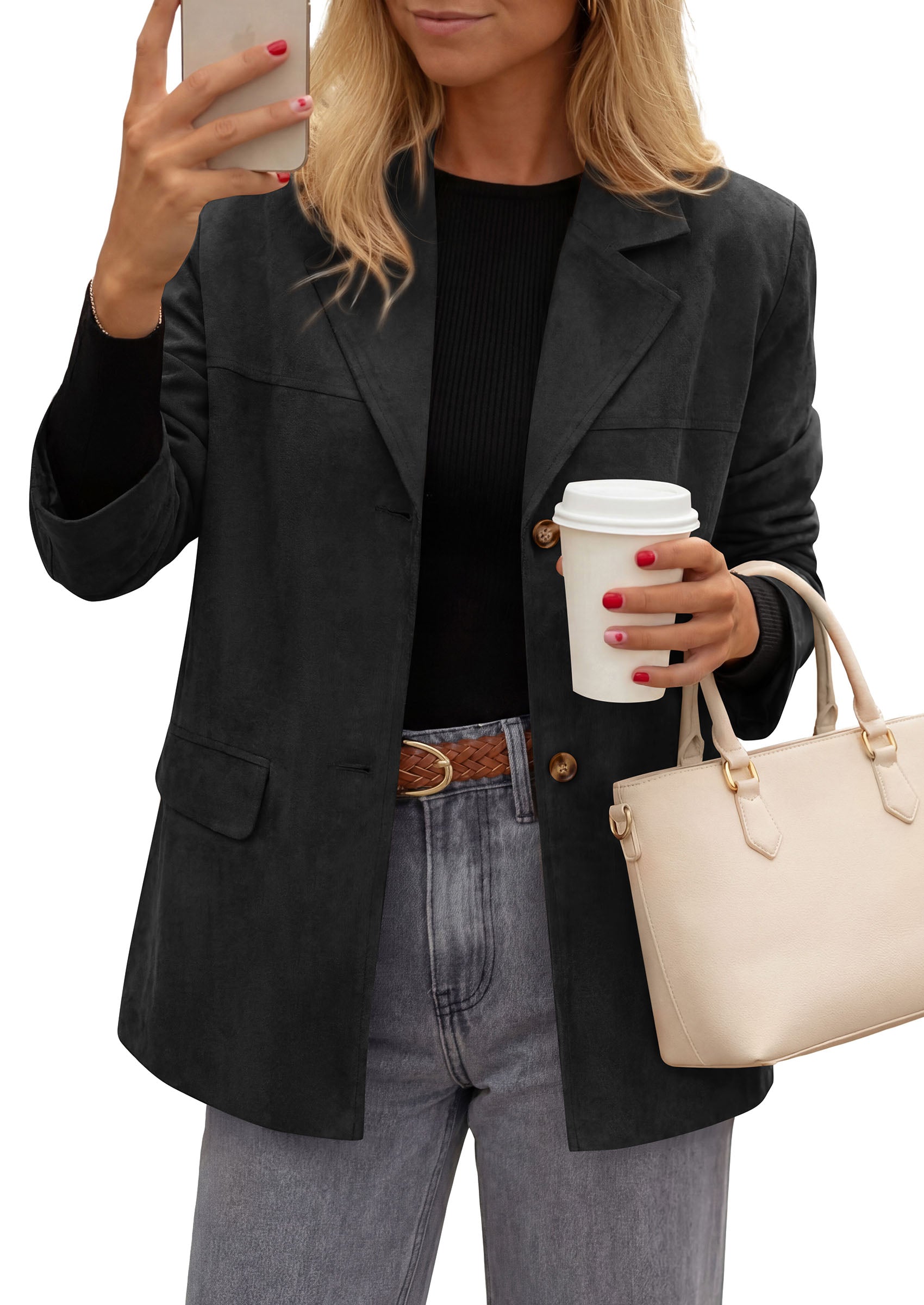 PRETTYGARDEN Women's Faux Suede Western Blazer Jacket | Notched Lapel Button Long Sleeve Oversized Business Casual Suit Jacket, Dressy Office Work Outerwear, 2026 Fall Clothing