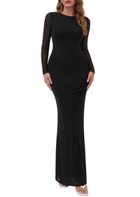 PRETTYGARDEN Women's Mesh Long Sleeve Bodycon Maxi Dress | Fall Wedding Guest Dresses, Boat Neck, Slim Fitted, Elegant Evening Wear, Formal Cocktail Holiday Party, Date Night Outfits