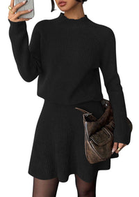 PRETTYGARDEN Women's Fall 2 Piece Outfits Matching Sweater Skirt Sets  Cozy Ribbed Knit, Raglan Long Sleeve, Crewneck Pullover, Elastic Waist A Line, Mini Short Skirts, Holiday Winter Clothing