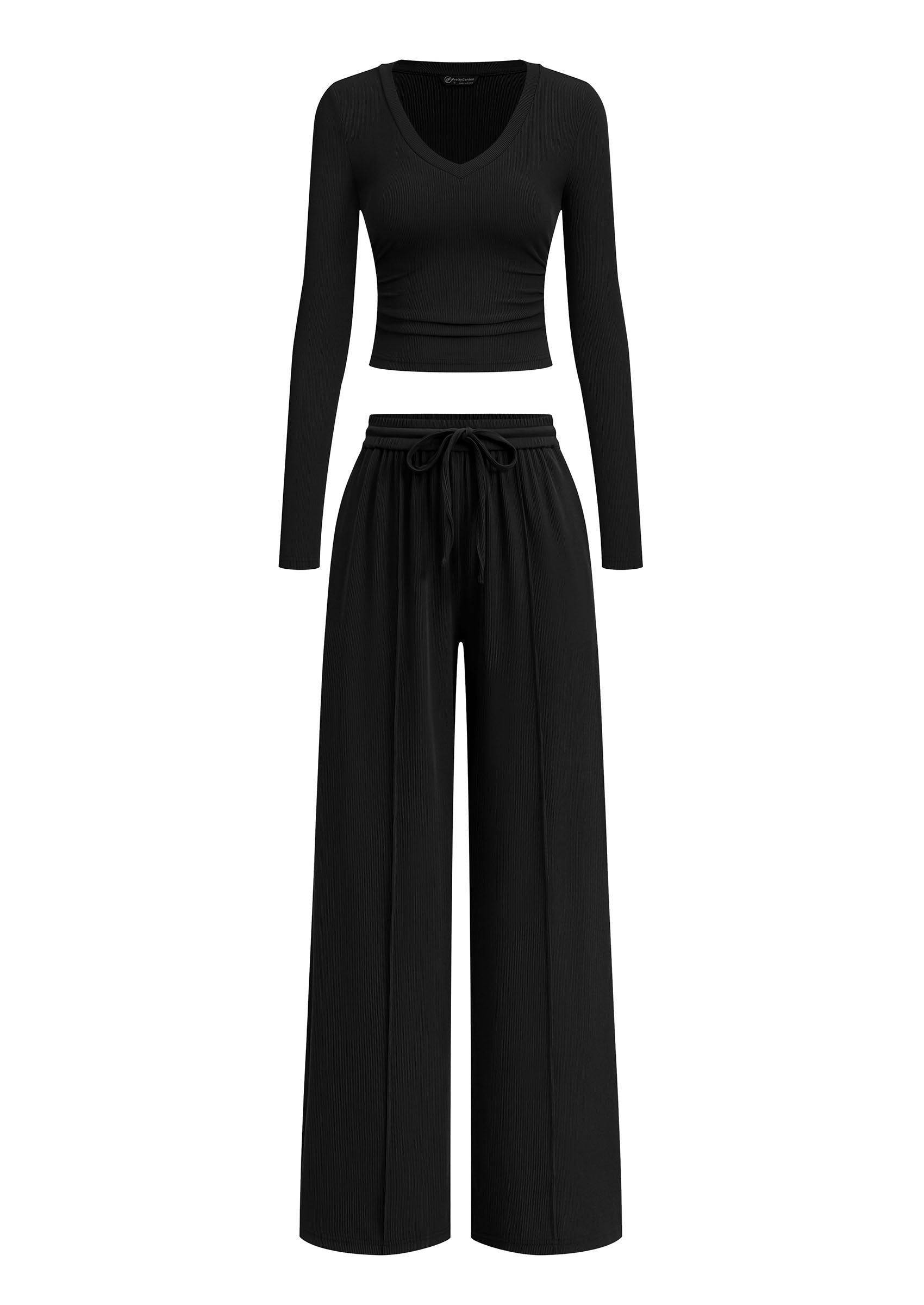 PRETTYGARDEN Women's 2 Piece Lounge Sets Matching Clothing  | V Neck Long Sleeve Tops, Wide Leg Pants Pockets, Airport Travel Outfits, Soft Ribbed Knit, Drawstring Waist, Fall Resort Wear