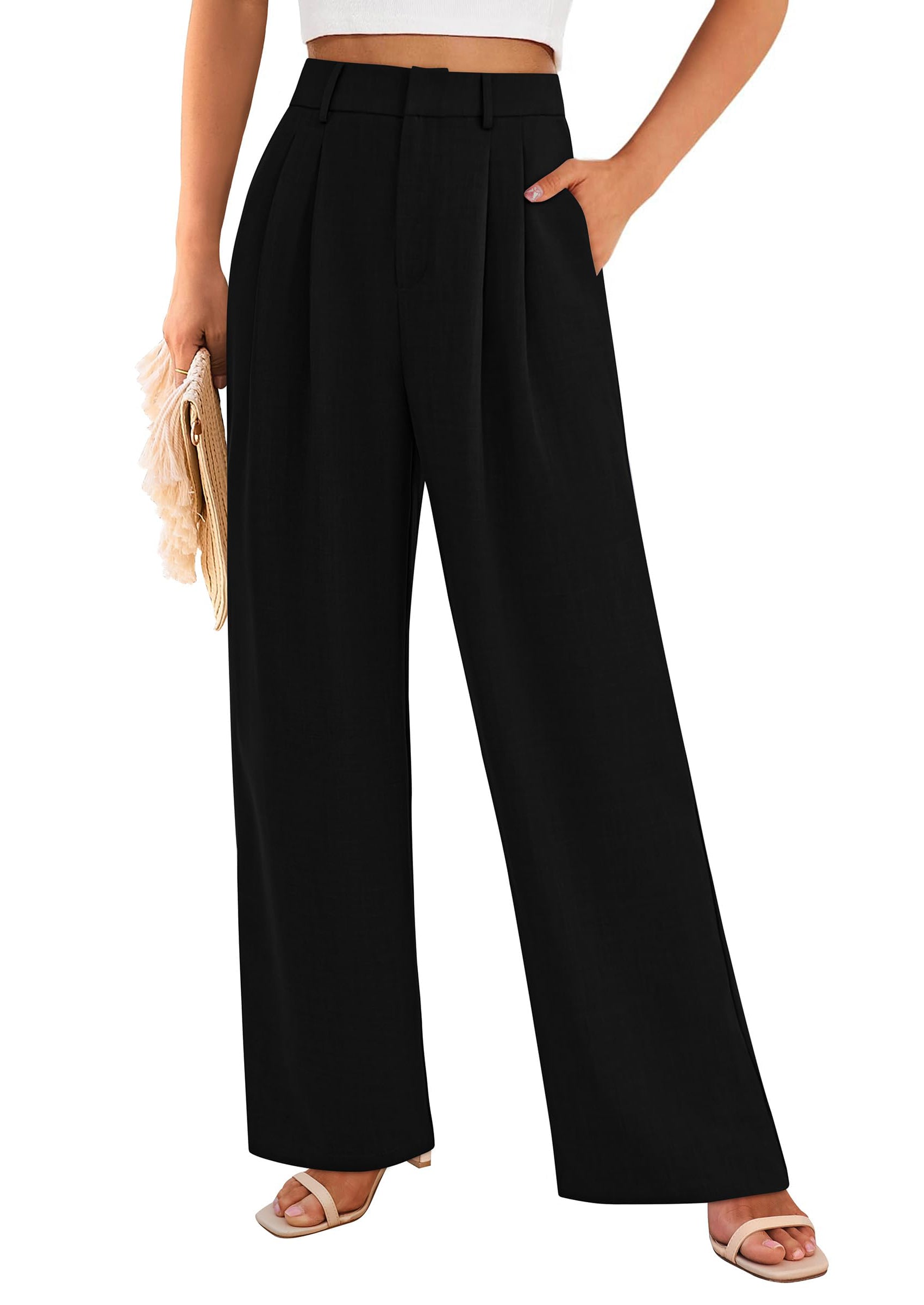 PRETTYGARDEN Women's Summer Elastic High Waisted Work Pants Straight Leg Dressy Business Casual Trousers Slacks Pockets