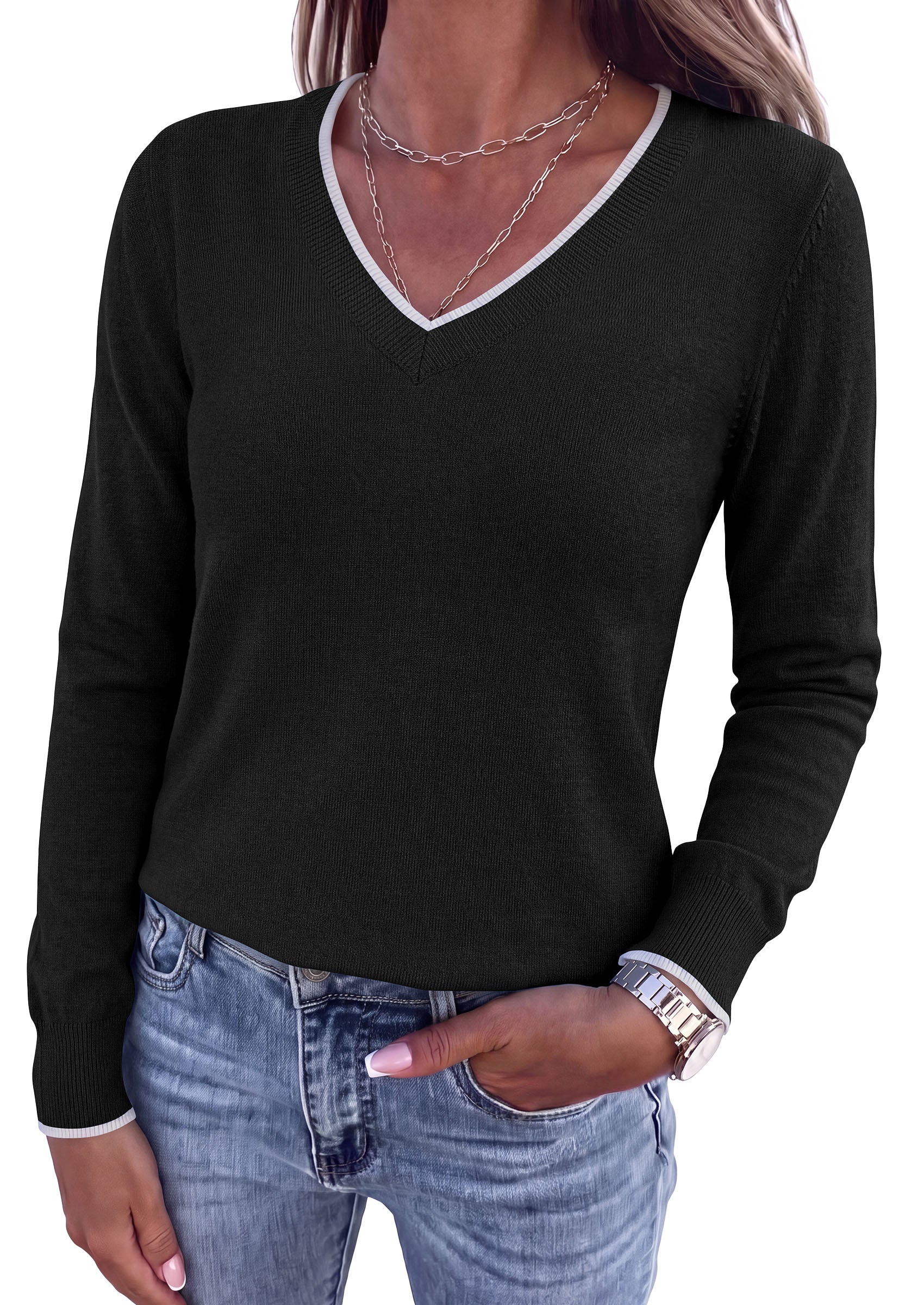 PRETTYGARDEN Women's V Neck Sweater Long Sleeve Knit Tops | Contrast Trim, Cozy Lightweight Pullover, Loose Basic Soft, Business Casual, Holiday Vacation Outfits, Fall Winter Clothes