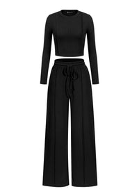 PRETTYGARDEN Womens 2 Piece Sets Long Sleeve Outfits  Soft Ribbed Knit, Loose Wide Leg Fit, Crop Top Drawstring High Waist Pants Set, Casual Lounge Travel, Matching Fall Clothes