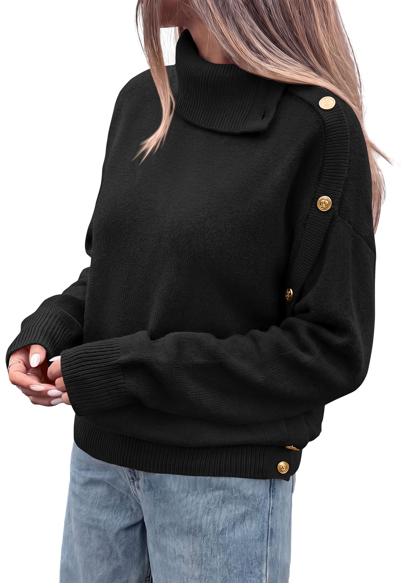 PRETTYGARDEN Womens Turtleneck Sweater Pullover Side Button Fall Clothes  Stretchy Knit,Dropped Shoulder,Ribbed Cuffs,Asymmetrical,Jumper Long Sleeve Tops,Work Office,2026 Winter Casual Outfits