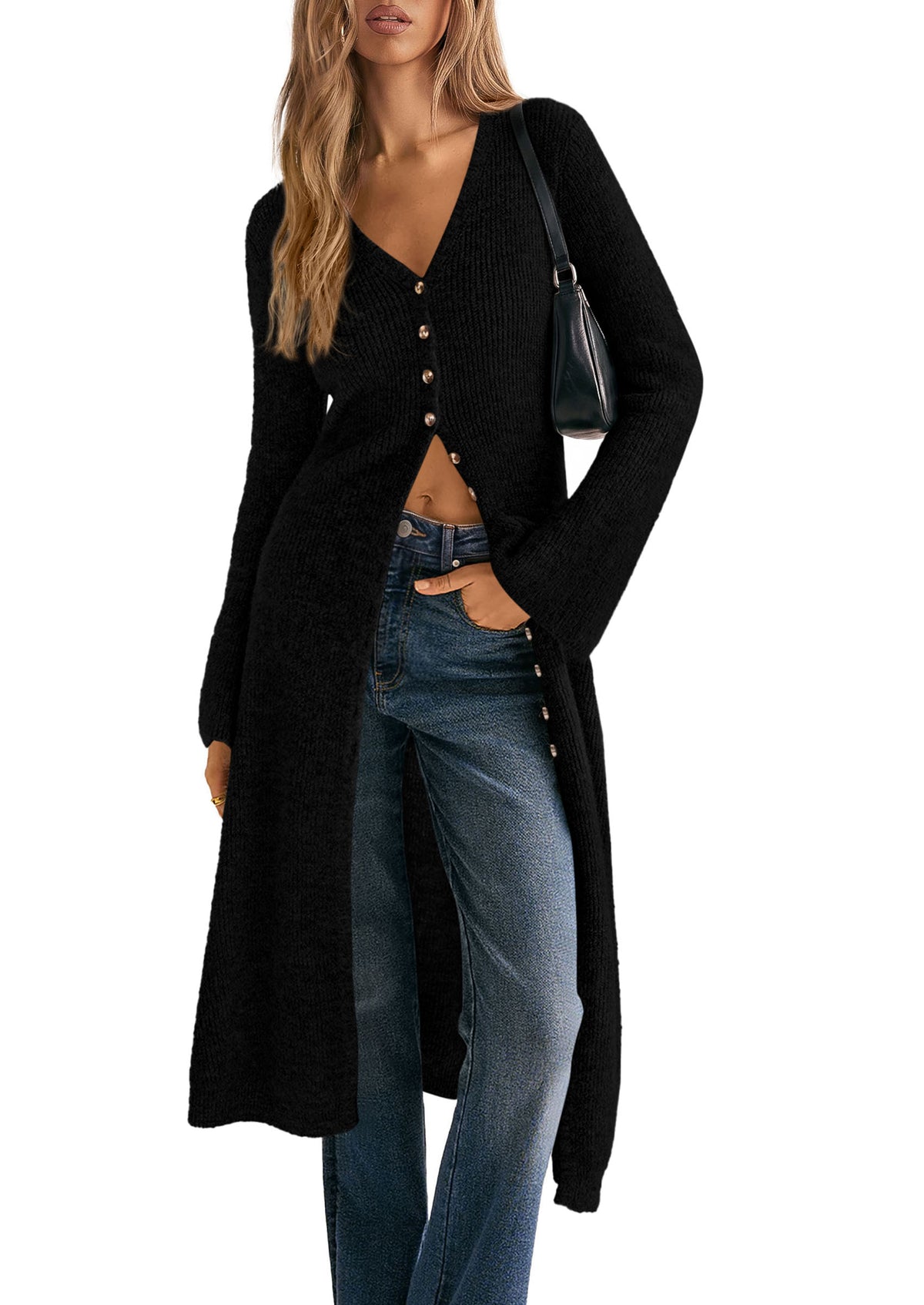 PRETTYGARDEN Women Long Cardigan Bell Sleeve Sweater Dress  Early Fall Fashion, V Neck Button Down Coats, Fit and Flare, Duster Sweater, Business Casual Outfits, Acrylic Cotton Blend