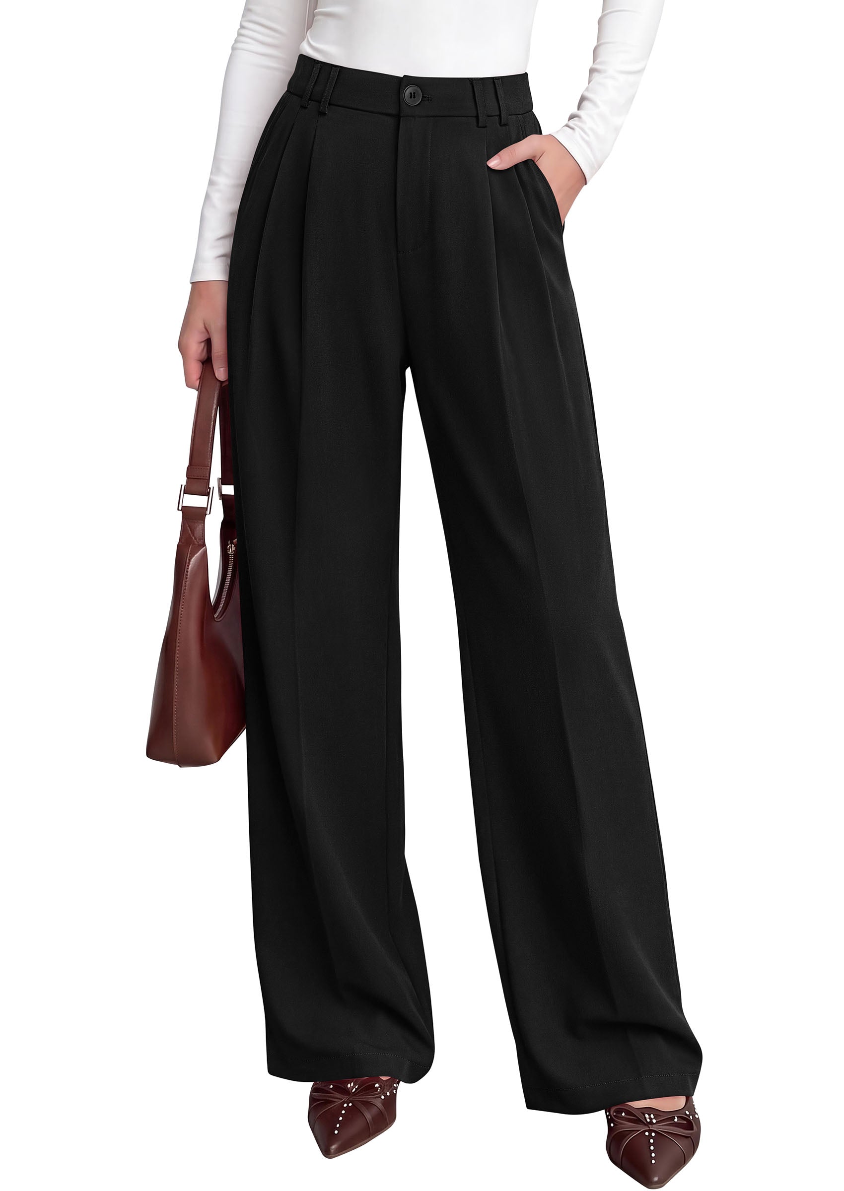 PRETTYGARDEN Women's Dress Pants Wide Leg Flowy Trousers | High Waisted Palazzo Pants, Pleated Front, Side Pockets, Work Office Wear, Business Casual Outfits, Fall Fashion Clothing