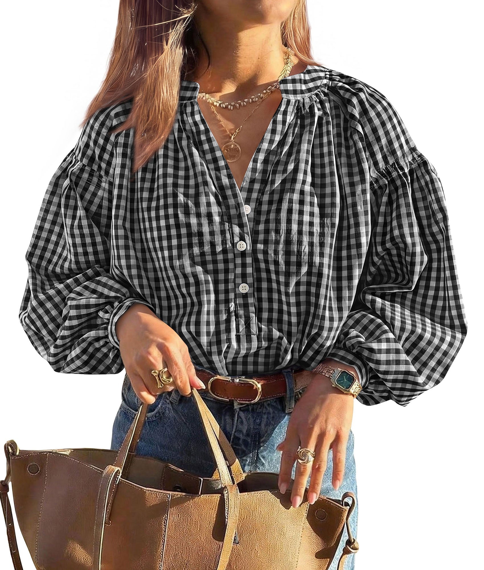 PRETTYGARDEN Women Fall Plaid Long Puff Sleeve Shirts V Neck Casual Blouses  Gingham Button Down Oversized, Pleated Drop Shoulder Cotton Tops, Dressy Casual, Work Vacation Travel, Fall Outfits Trendy