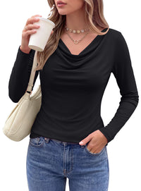 PRETTYGARDEN Cowl Neck Tops for Women Fashion Long Sleeve Shirt  Comfy Ruched Shirts, Soft Lightweight Knit, Chic Cowl Neck Top, Casual Going Out Outfits, Fall Winter Trendy Clothes