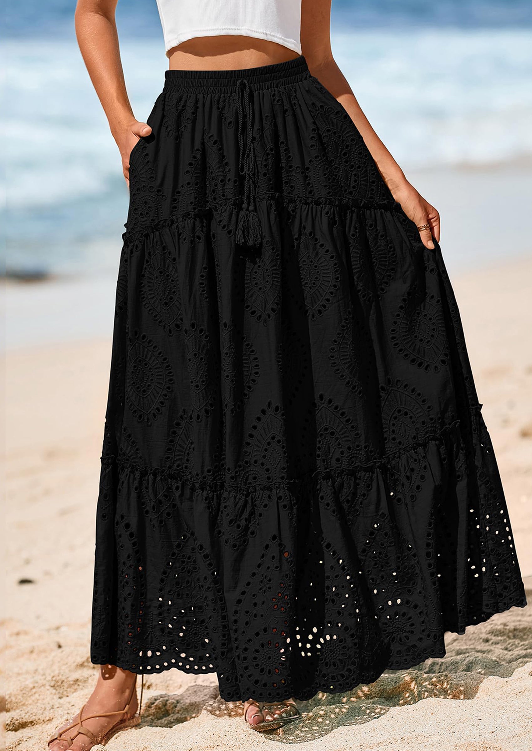 BTFBM Women's Boho Casual Skirts Summer Lace Embroidery Eyelet Elastic Waist Flowy Tiered A-Line Beach Maxi Skirt