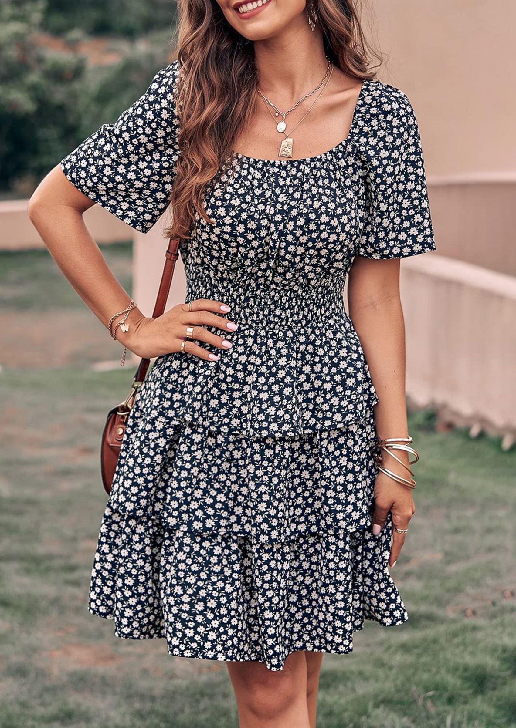 PRETTYGARDEN Women Floral Square Neck Short Sleeve Tiered Ruffle Boho Mini Dresses