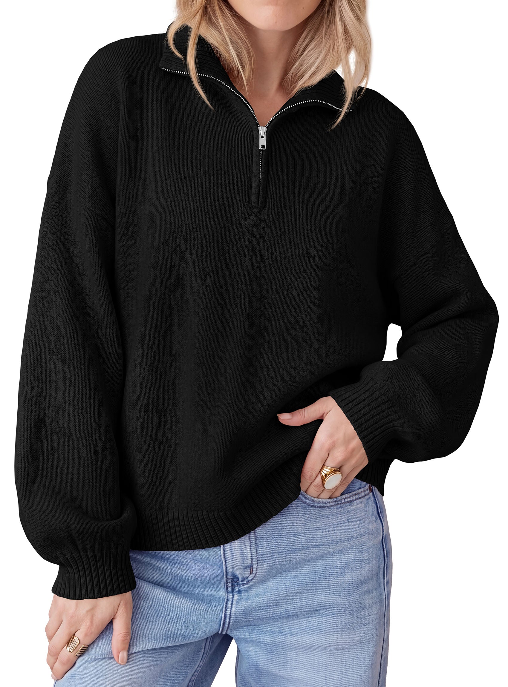 PRETTYGARDEN Women's Quarter Zip Pullover Oversized Sweaters | Collared Neck, Long Balloon Sleeve, Jumper Tops, Soft Cozy Knit, Ribbed Hem, Loose Fit, Fall Outfits, Winter Fashion Clothing