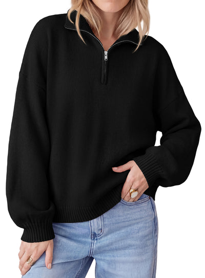 PRETTYGARDEN Women's Quarter Zip Pullover Oversized Sweaters | Collared Neck, Long Balloon Sleeve, Jumper Tops, Soft Cozy Knit, Ribbed Hem, Loose Fit, Fall Outfits, Winter Fashion Clothing