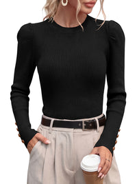 PRETTYGARDEN Womens Fall Sweaters Crewneck Puff Sleeve Button Cuff Ribbed Knit Cozy Pullover Sweater Slim Fit Tops Trendy