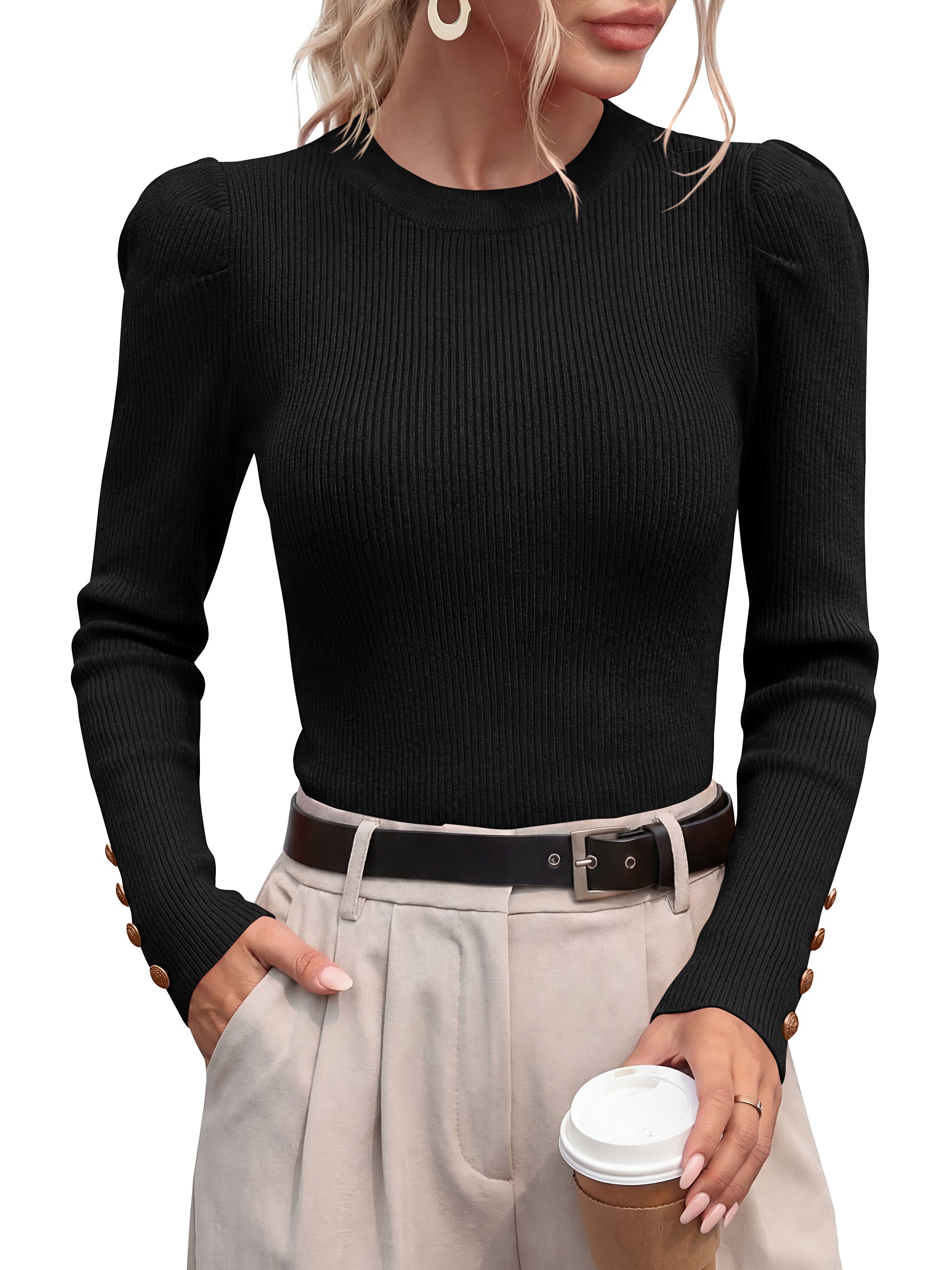 PRETTYGARDEN Womens Fall Sweaters Crewneck Puff Sleeve Button Cuff Ribbed Knit Cozy Pullover Sweater Slim Fit Tops Trendy