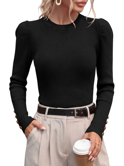 PRETTYGARDEN Womens Fall Sweaters Crewneck Puff Sleeve Button Cuff Ribbed Knit Cozy Pullover Sweater Slim Fit Tops Trendy