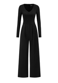 PRETTYGARDEN Womens Fall One Piece Long Sleeve Jumpsuit | Stretchy Ribbed Knit, Fashion Deep V Neck, Wide Leg Romper with Pockets, Work Business Casual Outfits, Trendy Winter Clothes