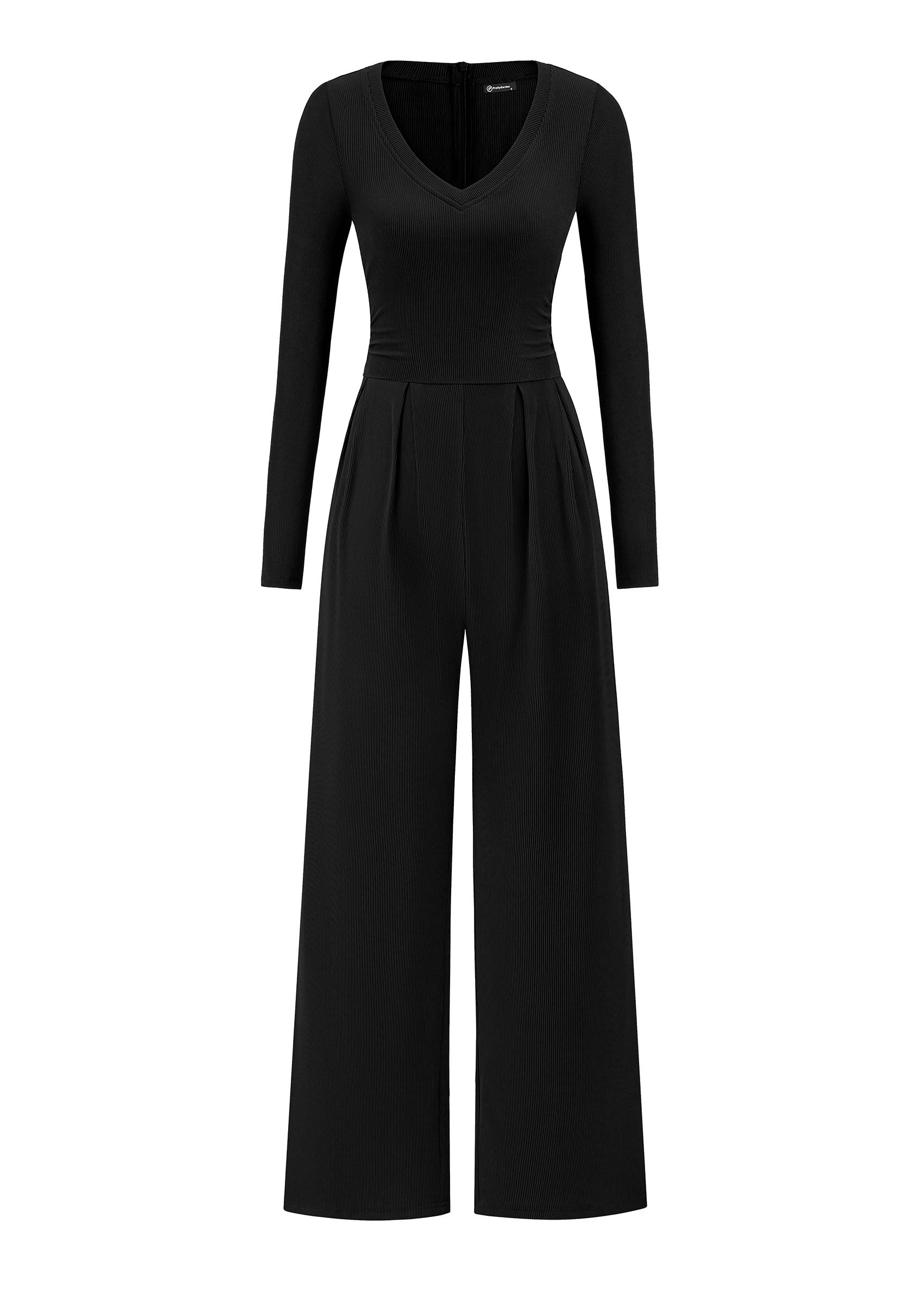PRETTYGARDEN Womens Fall One Piece Long Sleeve Jumpsuit | Stretchy Ribbed Knit, Fashion Deep V Neck, Wide Leg Romper with Pockets, Work Business Casual Outfits, Trendy Winter Clothes