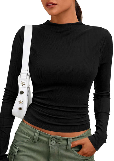 PRETTYGARDEN Womens Tops Casual Mock Neck Long Sleeve Shirts | Soft Stretchy Ribbed Knit, Ruched Slim Fit, Going Out Tops, Work, Date Outfits, Y2K Clothes, 2026 Fall Winter Basic Layering