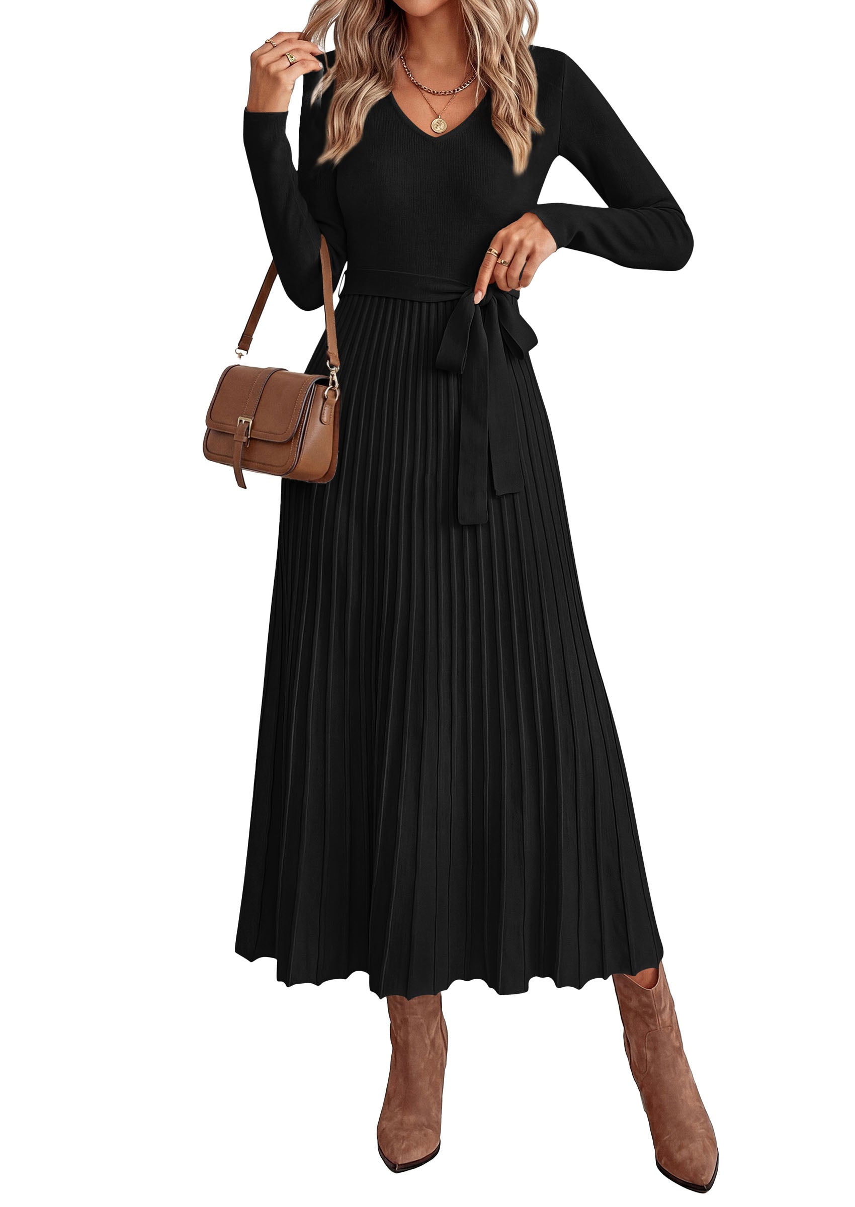 PRETTYGARDEN Womens Fall Maxi Long Sleeve Sweater Dress  Soft Stretchy Knit, V Neck A Line Dresses with Bow, Flowy Pleated Hem, Cocktail Party Outfits, Trendy Winter Clothes