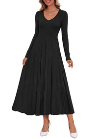 PRETTYGARDEN Women's Fall V Neck Pleated Midi Sweater Dress  Stretchy Ribbed Knit,Long Sleeve,A Line Flowy Skirt,Elegant Long Dresses for Wedding Guest,Work Office,Winter Party Outfits
