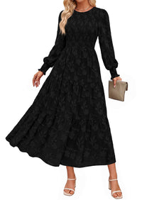 PRETTYGARDEN Fall Floral Long Sleeve Wedding Guest Dress for Women Pockets | Casual Textured Jacquard Smocked High Waist A-line Boho Flowy Midi Dress, Semi Formal Cocktail Dresses for Women 2026