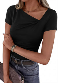 PRETTYGARDEN Women's 2026 Summer Asymmetrical Y2K Tops Trendy Ribbed Short Sleeve Fitted Tee Shirts Spring Fashion Clothing