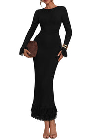 PRETTYGARDEN Womens Long Sleeve Bodycon Sweater Dress  Stretchy Ribbed Knit,Fringe Trim Cuffs & Hem,Slim Fit Crewneck,Date Night Outfits,Fall Winter Wedding Guest Cocktail Dresses