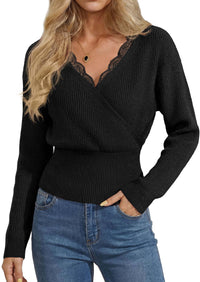 PRETTYGARDEN Women's Fall Fashion Long Sleeve Lace V Neck Cropped Sweaters