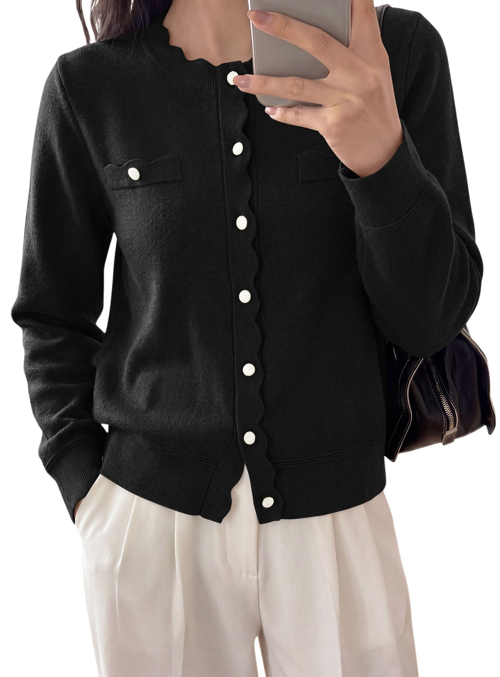 PRETTYGARDEN Cardigan Sweaters for Women Scalloped Button Up Fall Outfits  Soft Knit Long Sleeve Knit Tops,Crew Neck,Business Casual Outfits,Office Work Lightweight Sweater,Layers Clothes