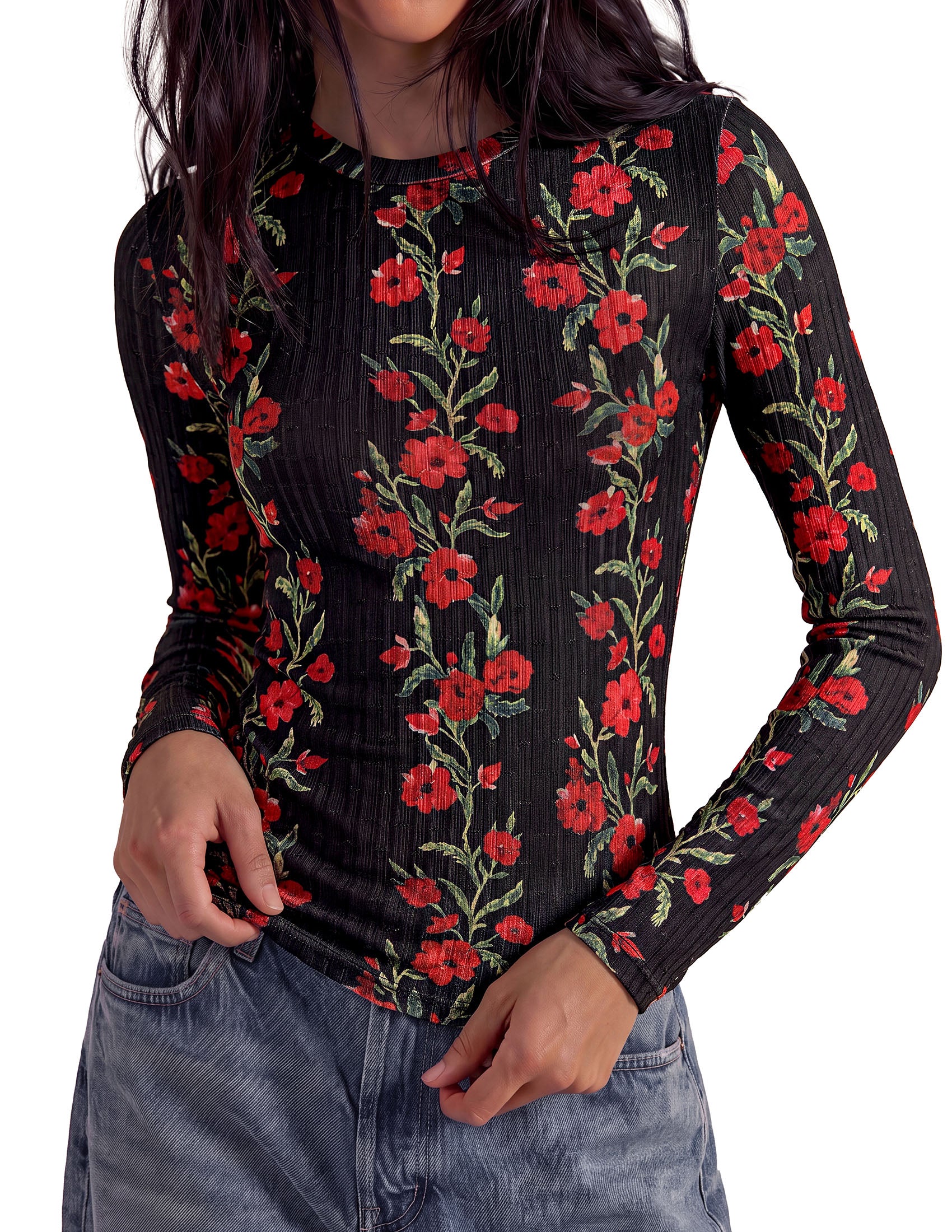 PRETTYGARDEN Womens Long Sleeve Shirts Floral Y2K Tops | Soft Lightweight Ribbed Knit Top,Fitted Waist,Crew Neck Slim Fit,Going Out Vacation Outfits,Layering Fall Winter Clothes