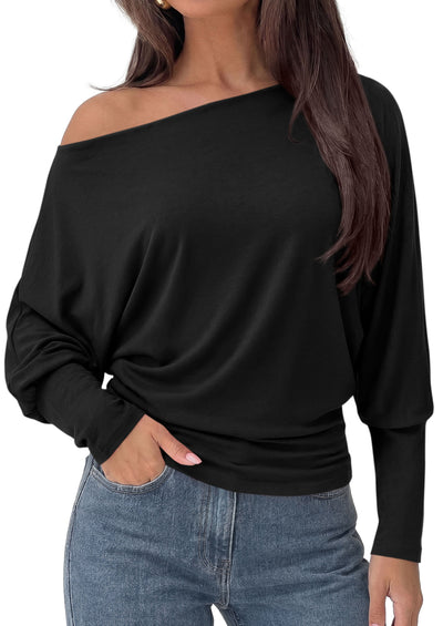 PRETTYGARDEN Womens Off Shoulder Batwing Long Sleeve Shirts | Asymmetrical Off The Shoulder Cinched Waist, Soft Dressy Casual Blouse, Going Out Tops, Transitional Fall & Spring Wear
