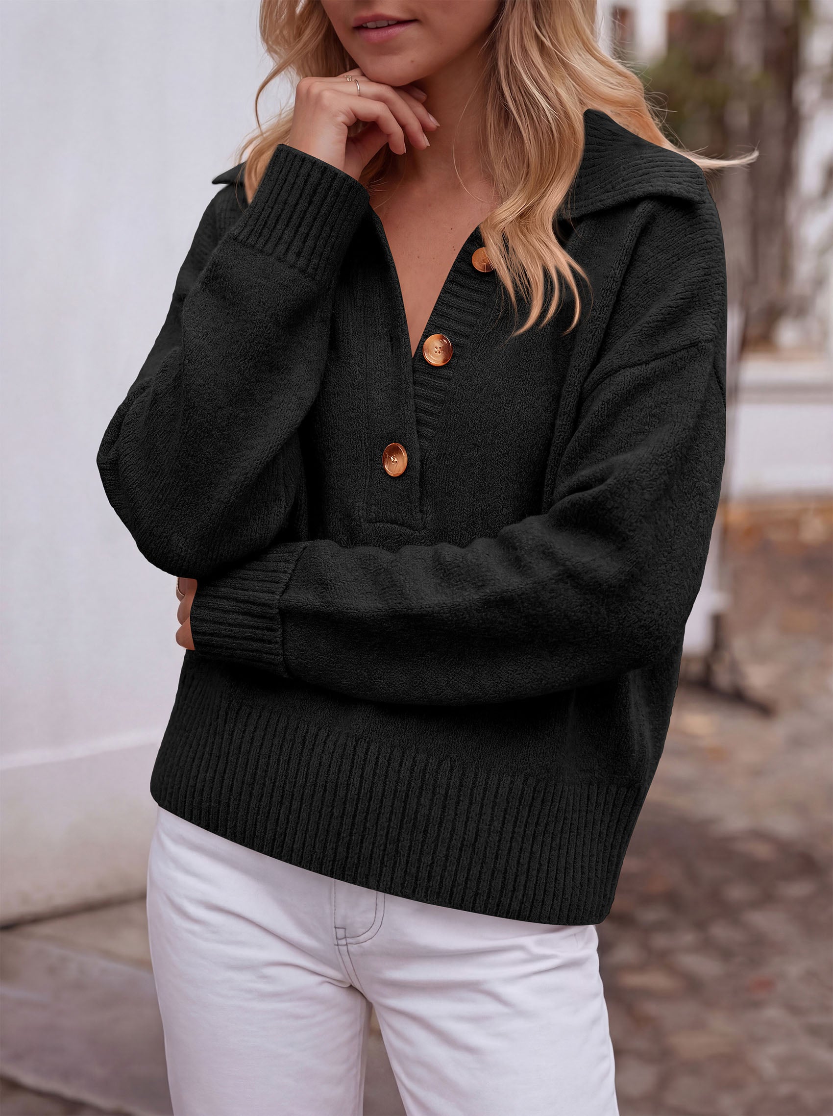 PRETTYGARDEN Womens Fall Long Sleeve Sweaters Button up V Neck Polo Shirts | Quarter Button Collared Tops, Ribbed Knit Comfy Shirts, Relaxed Fit Sweater Tops, Casual Fall Outfits for Women 2026