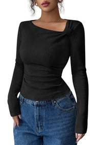 PRETTYGARDEN Womens 2026 Early Fall Fashion Long Sleeve T Shirts Asymmetrical Ribbed Fitted Trendy Going Out Tops Y2K Outfits