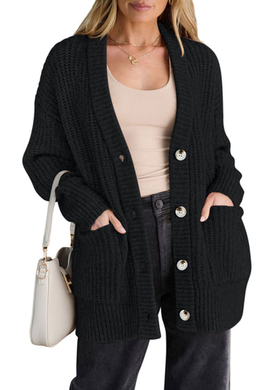 PRETTYGARDEN Oversized Cardigan Sweaters for Women Button Up | V Neck Long Cardigans, Chunky Ribbed Knit Loose Fit with Side Pockets, Casual Daily Office Outfits, Fall Winter Clothing