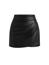PRETTYGARDEN Womens Faux Leather Ruched Mini Skirt with Shorts | High Waisted Asymmetry Hem Wrap Bodycon Pencil Short Skirts, Dressy Casual Y2k Clothes, Fashion Date Night Fall Outfits