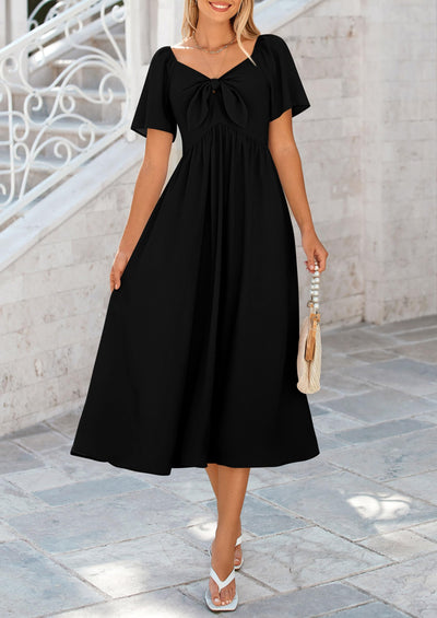 PRETTYGARDEN Summer Dress for Women Casual Short Sleeve Bow Tie V Neck Ruffle Midi Flowy Dresses